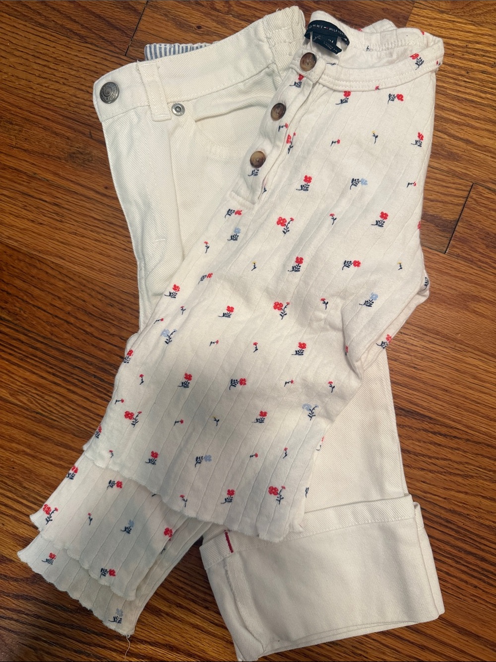 Tommy Hilfiger Cream Girls' Jeans with Red & Blue Floral Knit Panel